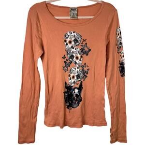 XL Y2K VTG Vocal USA Skull Butterfly Rhinestone Long Sleeve Orange Fairy Grunge